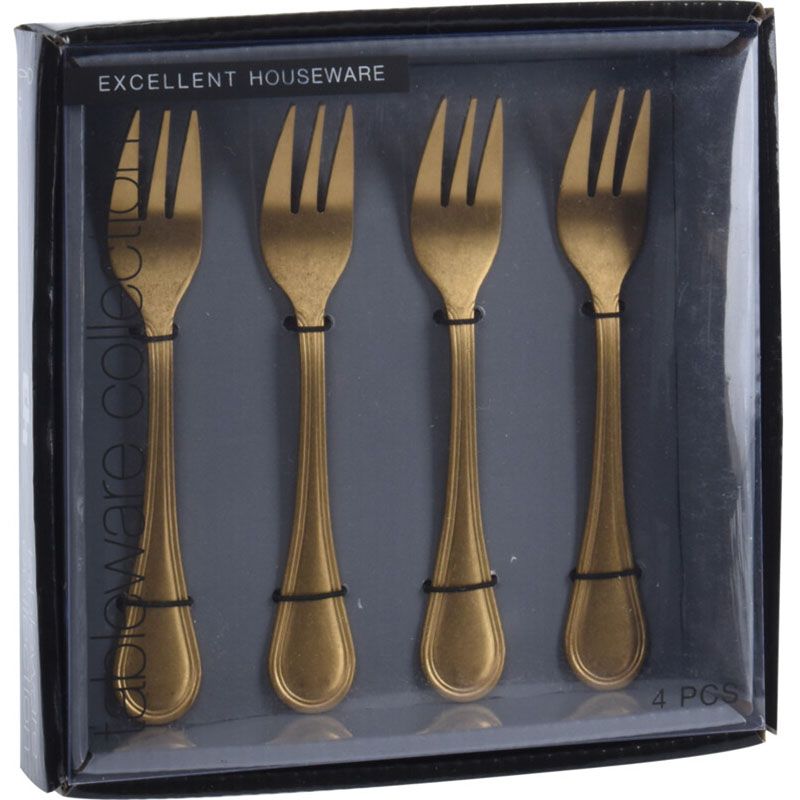 Excellent Houseware Gebaksvorkjes – 4 Stuks – Goudkleurig – RVS – Stone Polished & Antique Finish