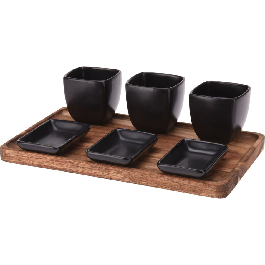 Excellent Houseware Tapas Serving Set - Acacia Wood Serving Board With 6 Ceramic Bowls | Stylish & Perfect For Parties