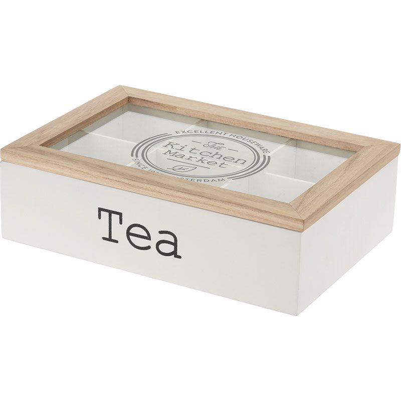 Excellent Houseware Theekist – Houten Theedoos 6 Vakken | Wit | Met Glazen Deksel & Stevige MDF Bodem