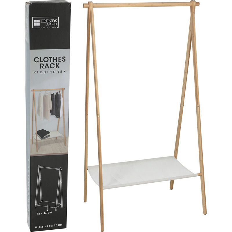 Trends4You Houten Kledingrek – 155x86x57 cm – Met Houten Roede & Stoffen Plank – Stijlvol & Praktisch