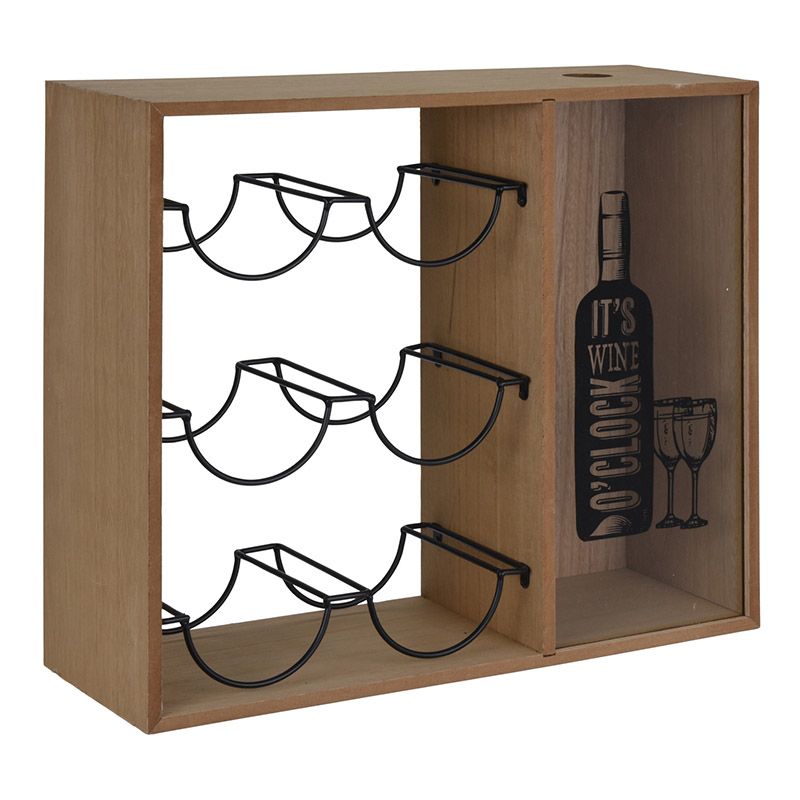 Stijlvol MDF Wijnrek 6 Flessen – “It’s Wine O’Clock” Glasdetail | Compact, Decoratief & Functioneel Wijnkastje