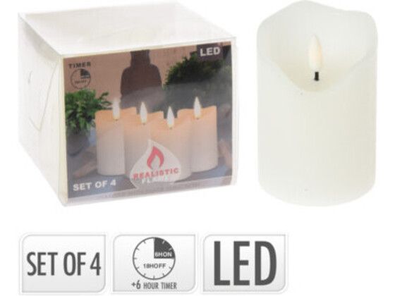 LED Candle Set – 4 Pieces – 5x7 cm – With Timer & Realistic Flame – Automatic On/Off – Batteries Included