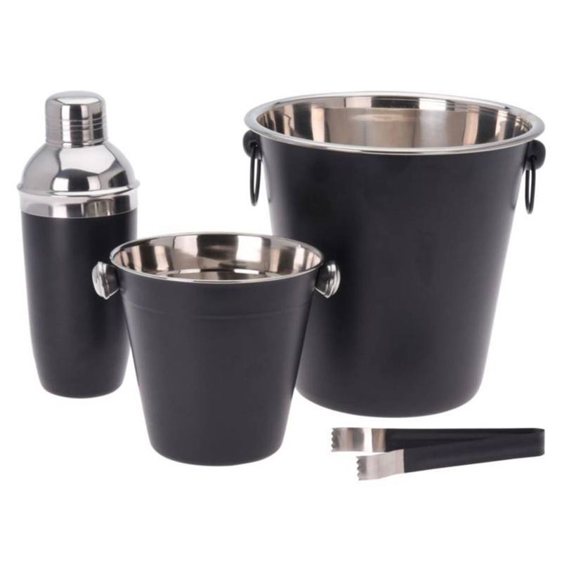 Excellent Houseware 4-Delige Barset – RVS Mat Zwart – Cocktailset voor Thuisfeestjes – Shaker, Ijsemmer, Wijnkoeler & Ijstang