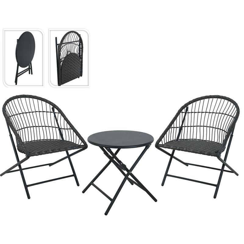 Ambiance Premium 3-Delige Bistroset – Vouwbare 2-Persoons Tuinset met Bijzettafel – Comfortabel, Lichtgewicht & Compact Zwart Metaal voor Balkon, Terras of Tuin