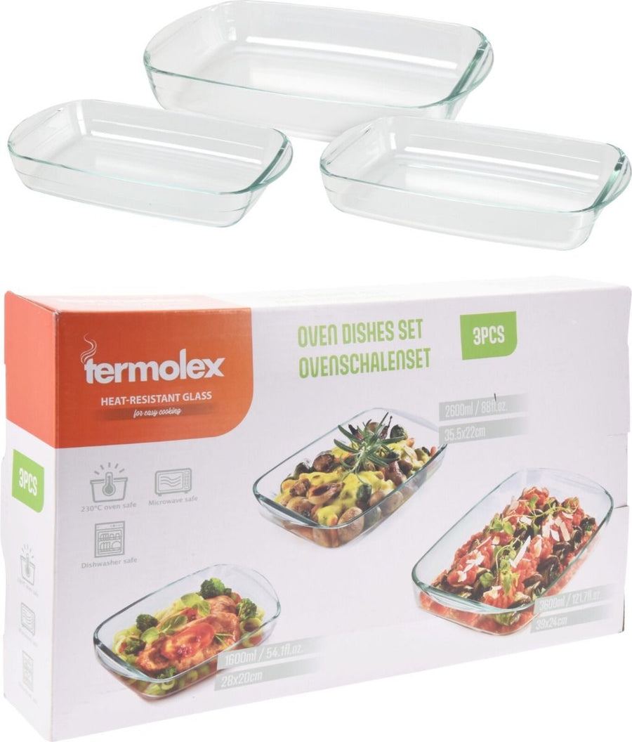 Premium Termolex Oven Dishes 3-Piece – Rectangular Glass – 1.6L, 2.6L & 3.6L – Oven, Microwave & Dishwasher Safe – Ideal For Every Meal