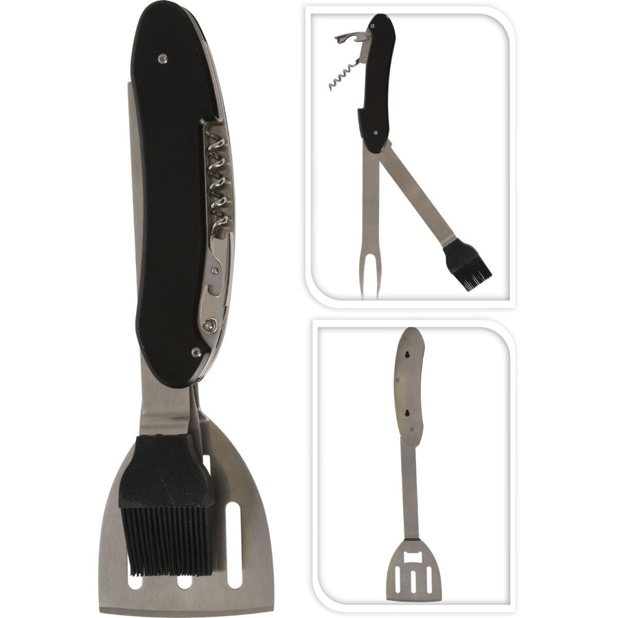 BBQ Multitool Stainless Steel – 5-in-1 – Foldable & Large – Fork, Spatula, Basting Brush, Corkscrew & Bottle Opener – Black