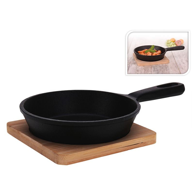 Excellent Houseware Deluxe Tapas Cast Iron Pot – Ø12.5 cm Cast Iron with Stylish Bamboo Coaster | Oven-Safe & Durable