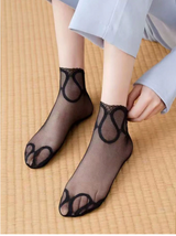 Elegant Transparent Women's Socks with Lace & Detail – Black Size 36-38