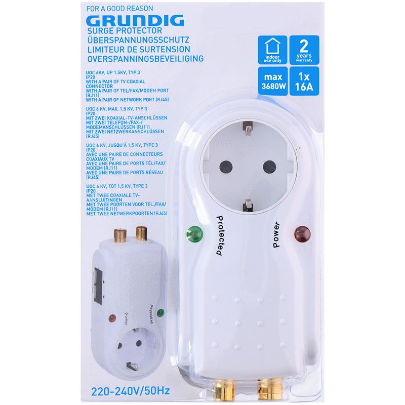 Grundig Surge Protector – Powerful Type 3 Surge Protector | 6KV Protection, 3680W Max – Including TV, RJ11 & RJ45 Connections