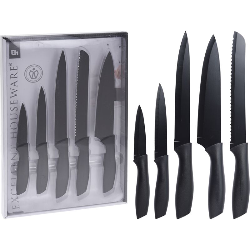 Excellent Houseware Messenset - Zwart - 5 Stuks - Vlijmscherpe Messen voor Elke Keuken