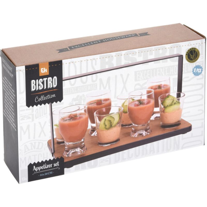 Excellent Houseware Amuse Set – Luxe Bamboe Serveerset Met Metalen Rekje & 8 Glaasjes | Stijlvol, Praktisch & Perfect Voor Feestjes