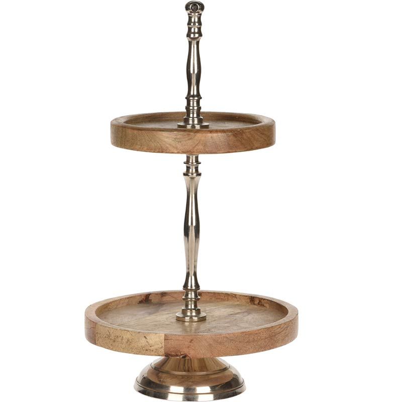 2-laagse etagere van mangohout en metaal – stijlvol en stevig serveerplateau voor gebak, muffins, snoep en kerstkoekjes. Perfect voor feestjes, brunches of dagelijks gebruik.