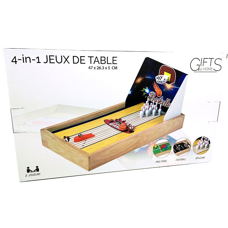 Veelzijdig 4-In-1 Tafelspel – Gifts@Home – Houten Tafelvoetbal, Basketbal, Ping Pong & Bowlen voor 2 Spelers