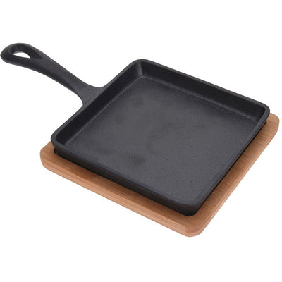 Luxe Vierkant Tapas Pannetje – 14 x 14 cm Gietijzer met Bamboe Serveerplank | Duurzaam & Stijlvol Serveren
