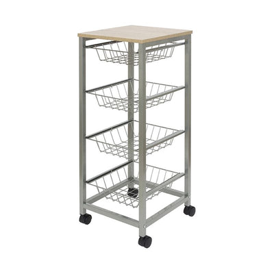 Duett Luxe Trolley op Wieltjes – 4 Uitneembare Manden & Houten Werkblad – Verrijdbaar & Multifunctioneel Opslagwonder