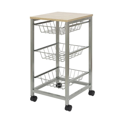 Duett Luxe Trolley op Wieltjes – 3 Uitneembare Manden & Houten Werkblad – Verrijdbare Opberg- & Serveerwagen