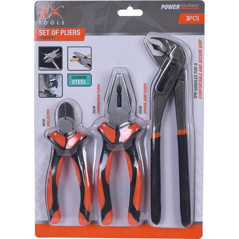 Fx Tools Fxtools 3-Delige Tangenset – Zijsnijtang, Combinatietang & Waterpomptang – Carbonstaal, TPR Handgrepen – Duurzaam & Professioneel