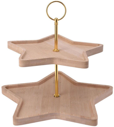 Excellent Houseware Luxury Christmas Cake Stand – 2-Tier Star Shape – Bamboo & Metal – Festive Table Decoration – 25 cm