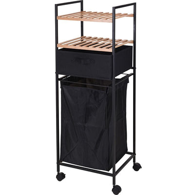 Bathroom Solutions Verrijdbaar Badkamerrek met Wasmand & Extra Mand – 2 Bamboe Planken – 105,5 cm