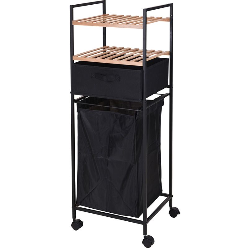 Bathroom Solutions Verrijdbaar Badkamerrek met Wasmand & Extra Mand – 2 Bamboe Planken – 105,5 cm