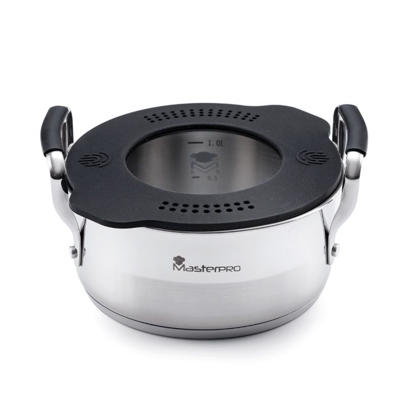 Bergner Masterpro Slim Pan With Silicone Lid – 16 cm Stainless Steel Pan | Healthy Cooking & Space-Saving Storage