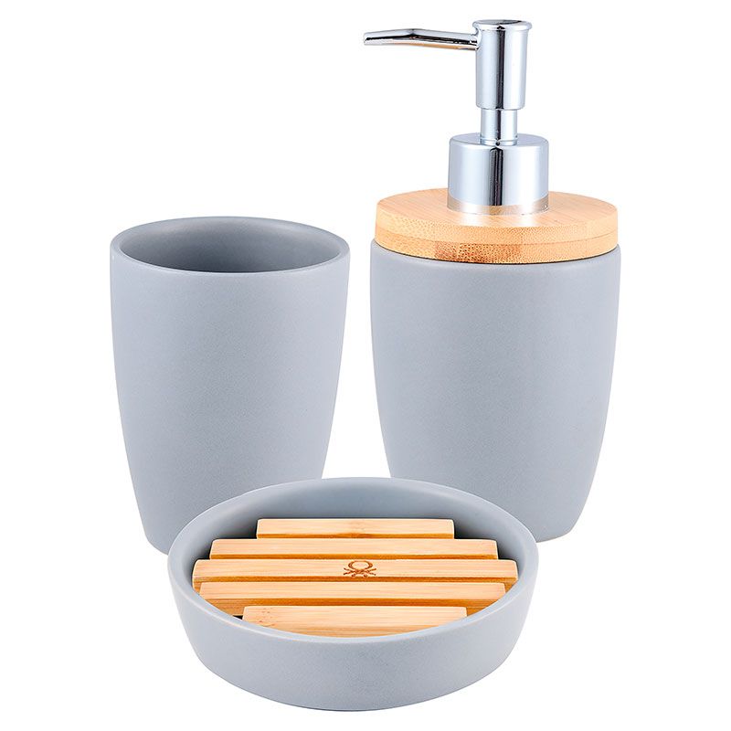 Benetton Bathroom Set 3-Piece – Ceramic & Bamboo – Stylish & Functional – Grey