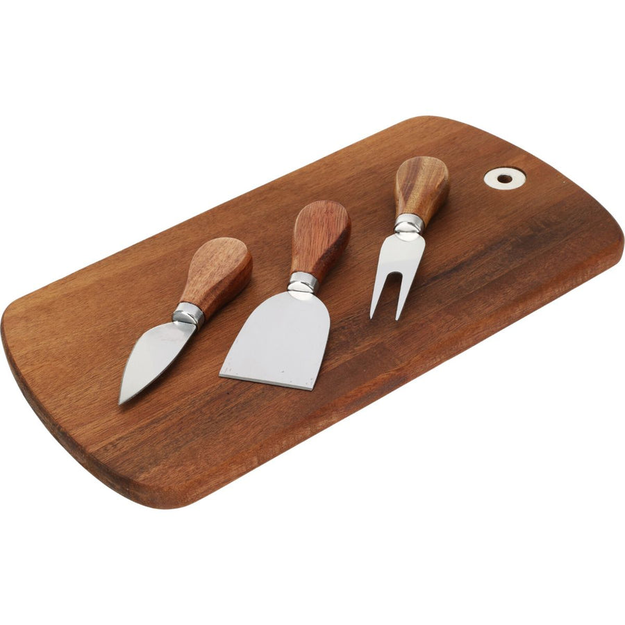 Kaasplank Set met 3 Kaasmessen – Luxe Acaciahout Plank & RVS Messen met Houten Handvat – Stijlvol, Duurzaam & Perfect voor Borrels