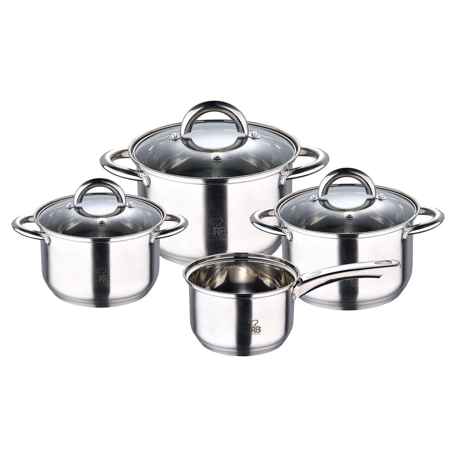 Renberg Alexander 7-Piece Stainless Steel Cookware Set – Induction-Ready, Complete with 4 Saucepans Ø16/18/20/24 cm & 3 Glass Lids – Durable, Ergonomic & Versatile