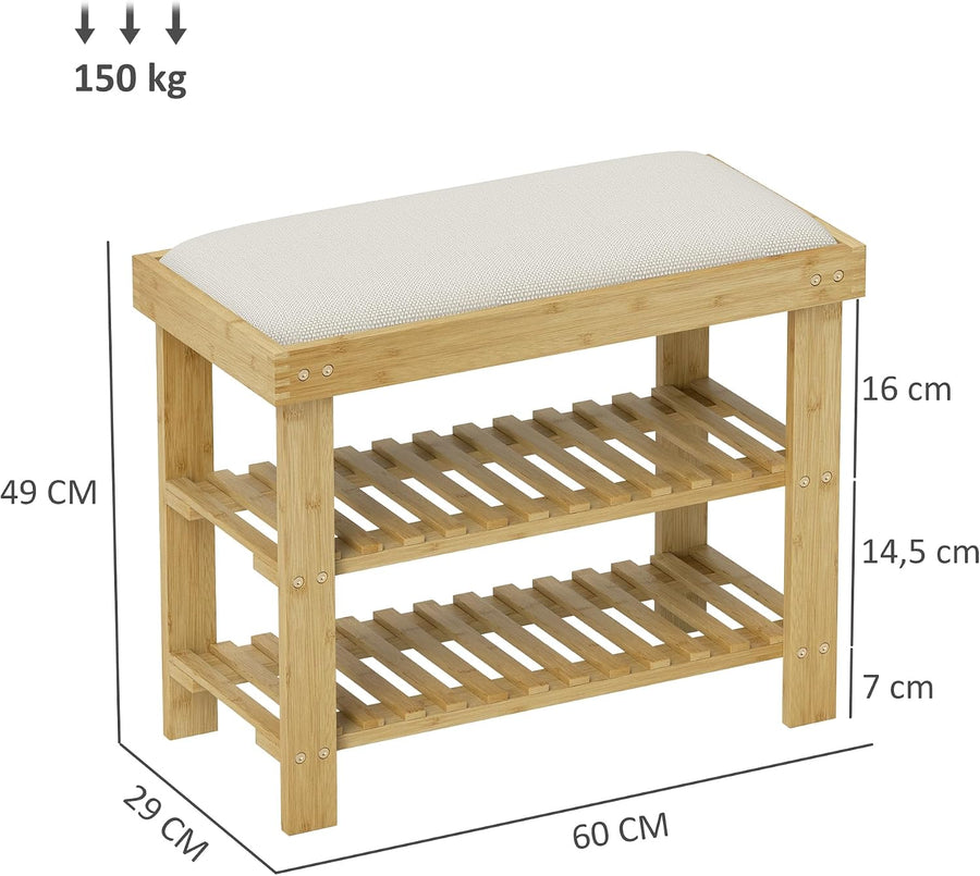 Bamboo Shoe Bench with storage 60x29x49 cm Cream