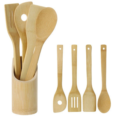 Excellent Houseware EcoStyle Bamboe Keukengerei Set – 5-Delig – Duurzame Houten Spatels Met Houder