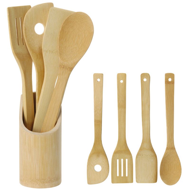 Excellent Houseware EcoStyle Bamboo Kitchen Utensil Set – 5-Piece – Sustainable Wooden Spatulas With Holder