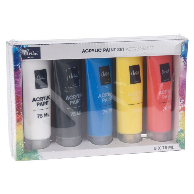 Essential Artist Acrylic Paint Set – 5 Large 75ml Tubes in Primary Colours