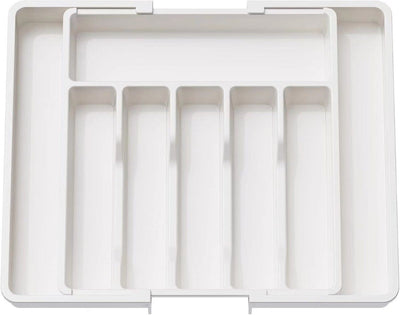 Adjustable Cutlery Tray - Extendable to 8 Compartments - 33-57 x 38 x 5.5 cm - White