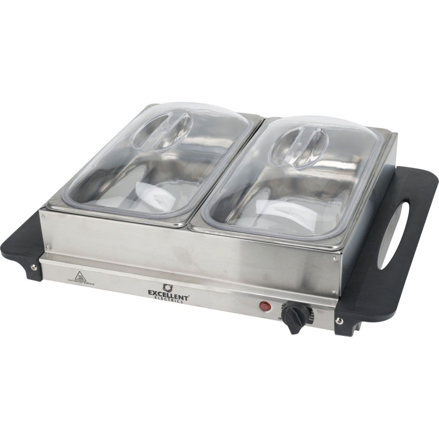 Excellent Electrics Buffetwarmer 2x2,4L – Elektrische Warmhoudplaat & RVS Schalen – Instelbare Temperatuur, Transparante Deksels & Veilig Met Anti-Slip Voetjes