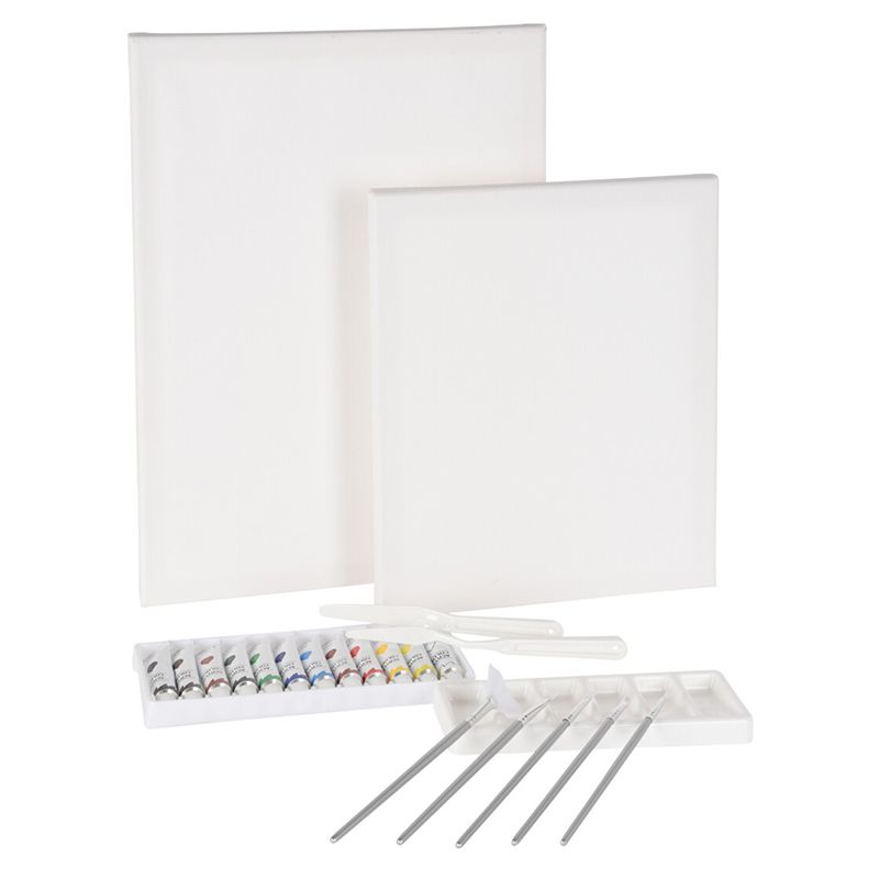 Artist Compleet Schilderpakket – 2 Canvasdoeken, 12 Acrylverf Tubes, Kwasten & Materialen | Alles-in-1 Creatieve Set