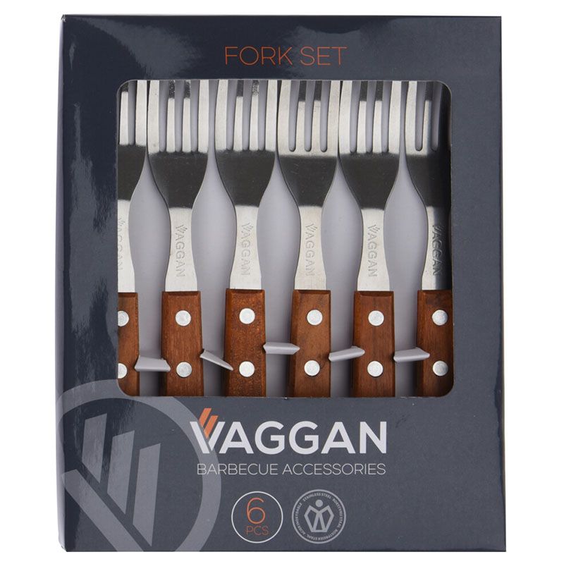Vaggan Steakvorkenset – 6-Delig – 19,5 cm Roestvrij Staal met Houten Handvat – Perfect voor BBQ en Gourmet