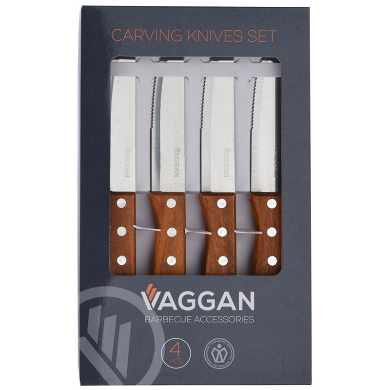 Vaggan RVS Steakmessen Set 4-Delig – Houten Handvat & Perfect voor Vlees en BBQ