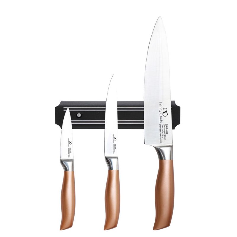 Bergner Infinity Chefs Premium 3-delige Messenset met Magnetisch Rek – RVS Messen | Copper-Coated Handvatten voor Professioneel Gebruik