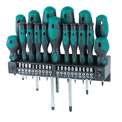 Brüder Mannesmann Screwdriver & Bit Set – 37-Piece – Green Line Professional Quality – Anti-Slip & Magnetic – Including Wall Rack