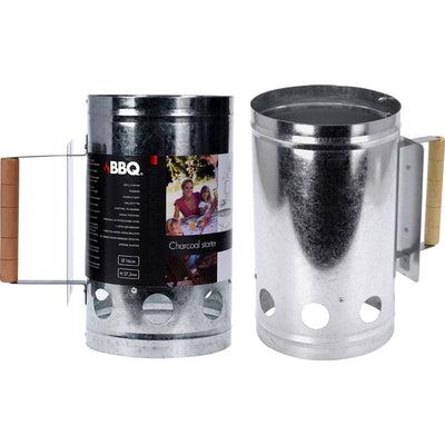 Premium BBQ Houtskoolstarter Metaal – Krachtige Barbecue Snelstarter Ø16,5 x 27,5 cm – Ultrasnel & Veilig Aanmaken met Houten Handvat & Hitteschild