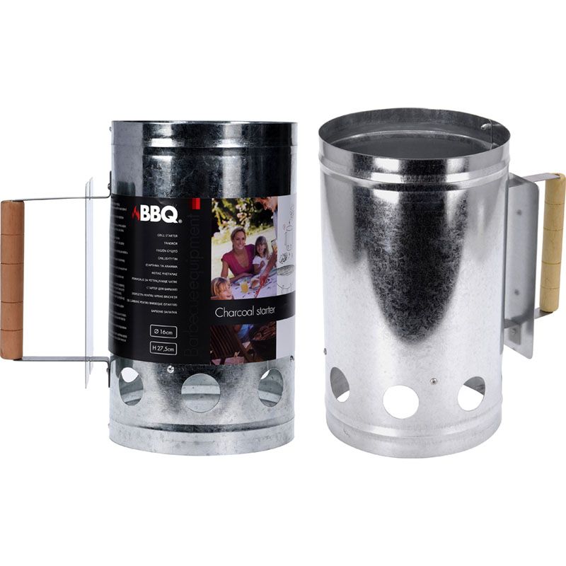 Premium BBQ Charcoal Chimney Starter Metal – Powerful Barbecue Quick Starter Ø16.5 x 27.5 cm – Ultra-Fast & Safe Lighting with Wooden Handle & Heat Shield