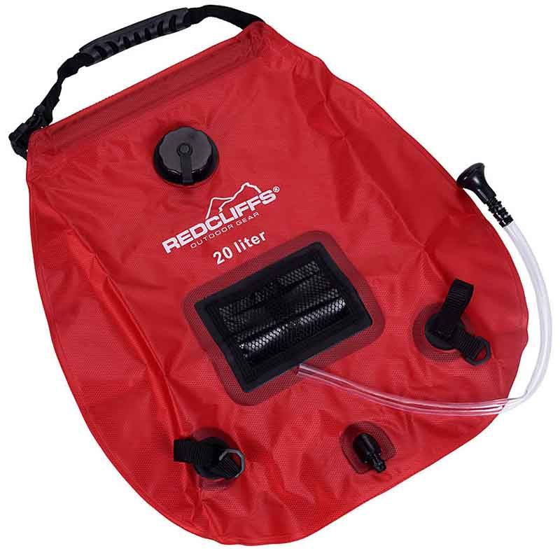 Redcliffs Luxury Camping Shower with Thermometer – 20 Liter Solar Shower Bag | Foldable & Red – For Camping, Garden or Travel