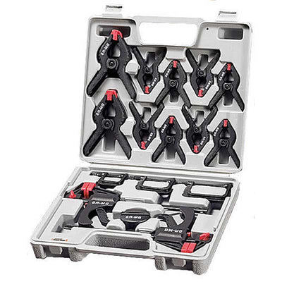 Brüder Mannesmann Clamping Set – 16-Piece – Complete Clamp Set with Storage Case – Quick Clamps, Screw Clamps & Spring Clamps