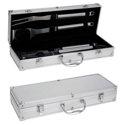 BBQ Barbecue Gereedschapset – 4-delig RVS in Luxe Aluminium Koffer | Spatel, Tang, Vleesvork & Schoonmaakborstel – 46 cm